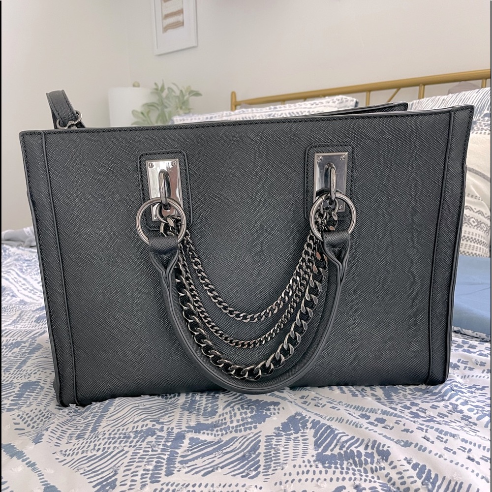 JustFab Midsize shoulder black and Gun Metal Bag. Faux Leather